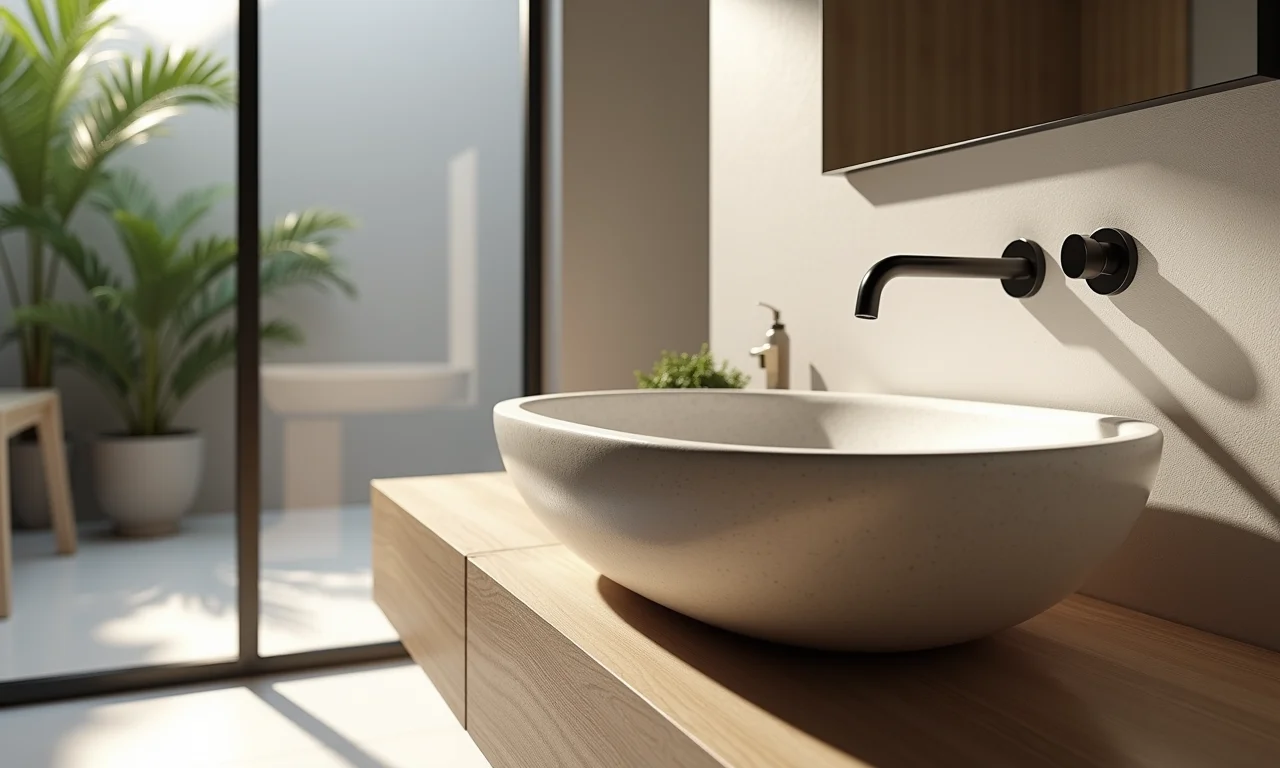 Cuba esculpida resistente e durável em banheiro moderno.