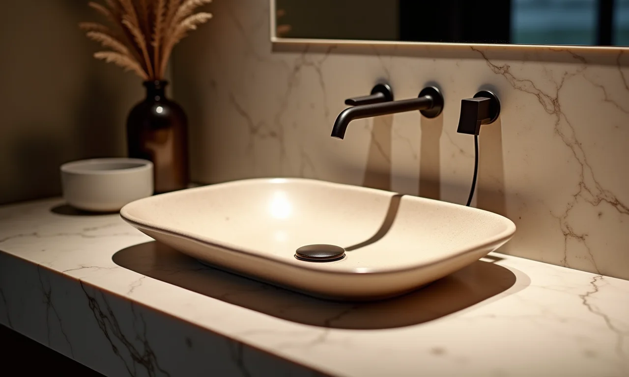 Cuba esculpida sofisticada integrada à bancada de pedra.