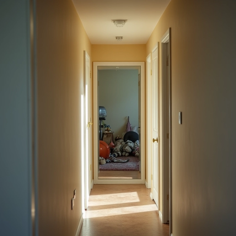 Cuidado com o reflexo do espelho: corredor com reflexo de objetos desorganizados.