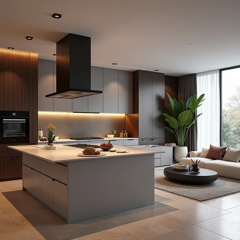 Decoração da cozinha americana moderna desconectada dos outros ambientes.