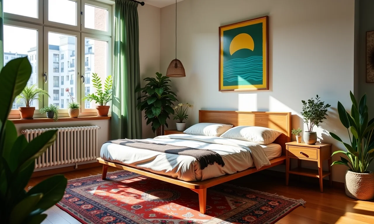 Decoração de studio com cama retrátil e arte brasileira.