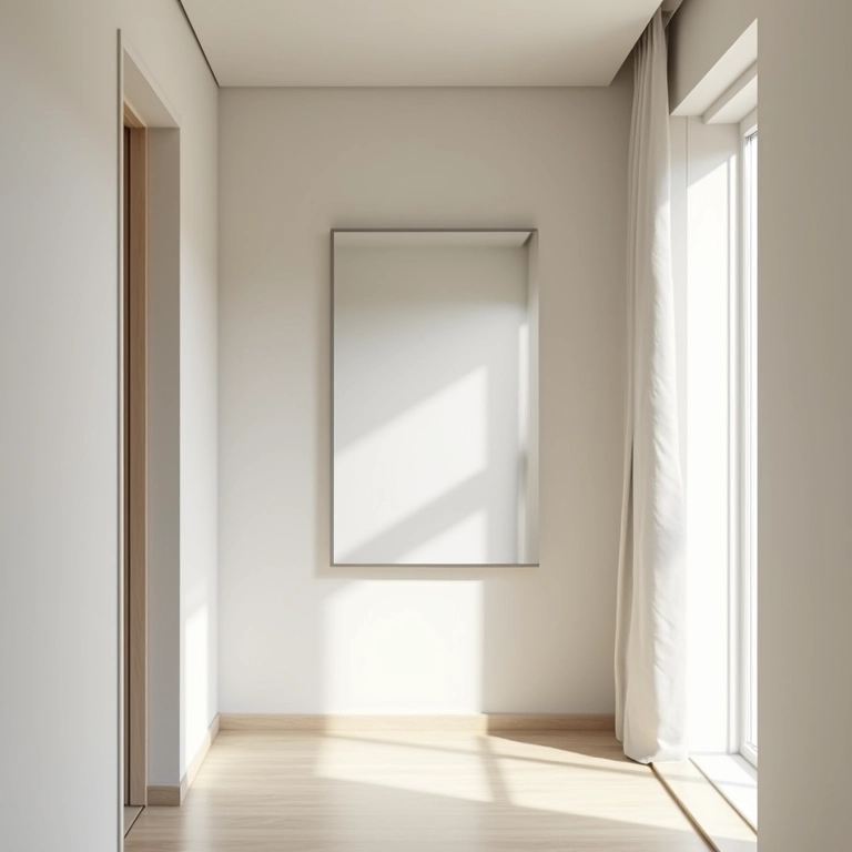 Decoração minimalista de corredor com espelho único bem posicionado.
