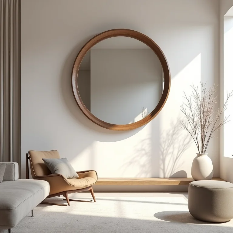 Decoração moderna com espelho veneziano e mobiliário minimalista