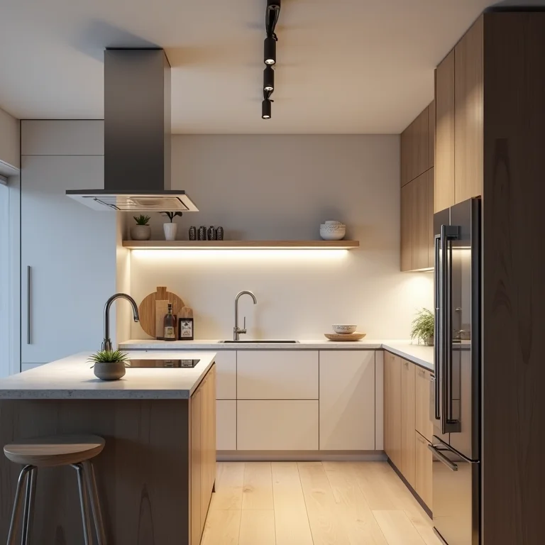 Design moderno e elegante da iluminação de trilho na cozinha