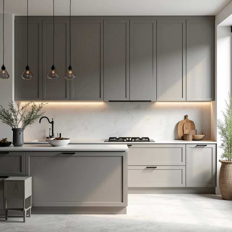 Detalhe da combinação atemporal de cinza e madeira em armários de cozinha.