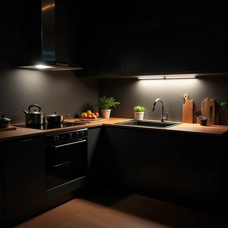 Detalhe da iluminação inadequada em cozinha pequena com armários pretos