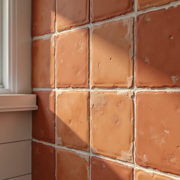 Detalhe da instalação de revestimento cerâmico terracota em banheiro.