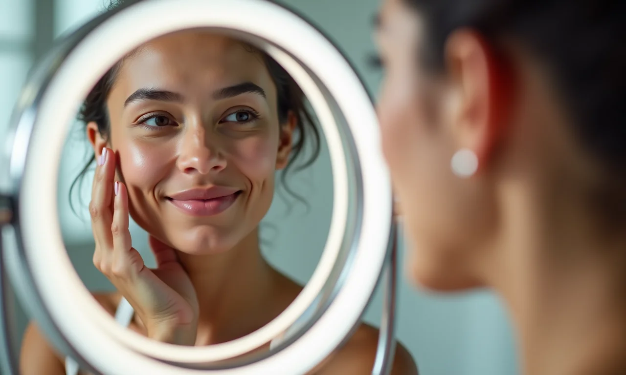 Detalhe da pele ampliada em espelho com aumento e LED.