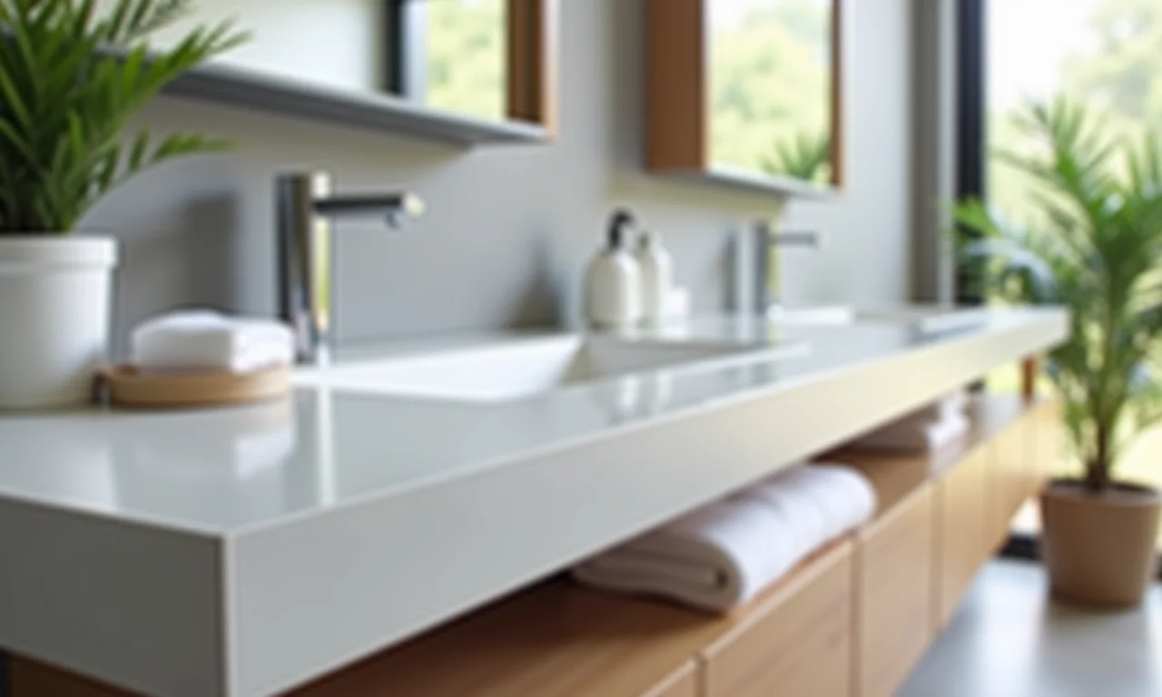 Detalhe da profundidade ideal de uma bancada de banheiro com soluções de armazenamento.