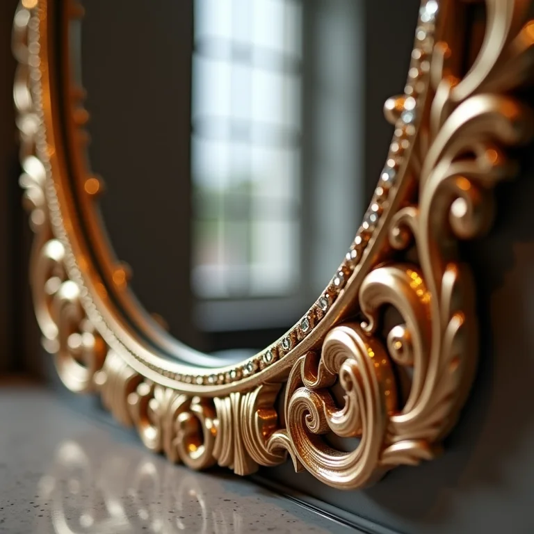 Detalhe da qualidade do vidro e moldura de um espelho veneziano