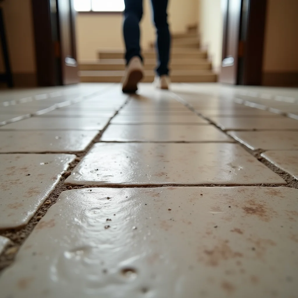 Detalhe da textura do piso de cimento queimado, resistente a riscos.