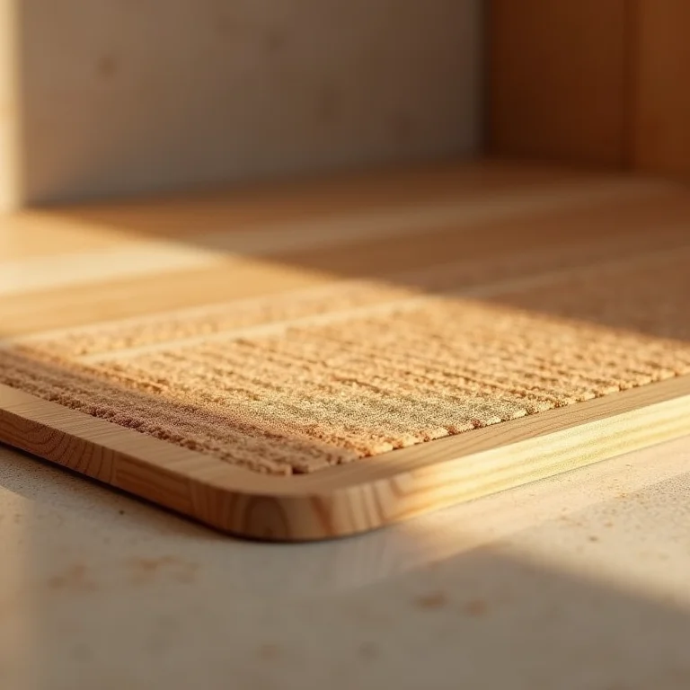 Detalhe da textura sofisticada de um tapete de madeira para box.