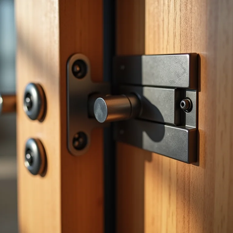 Detalhe das ferragens de uma porta pivotante