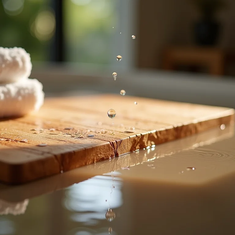 Detalhe das gotas de água em um tapete de madeira.