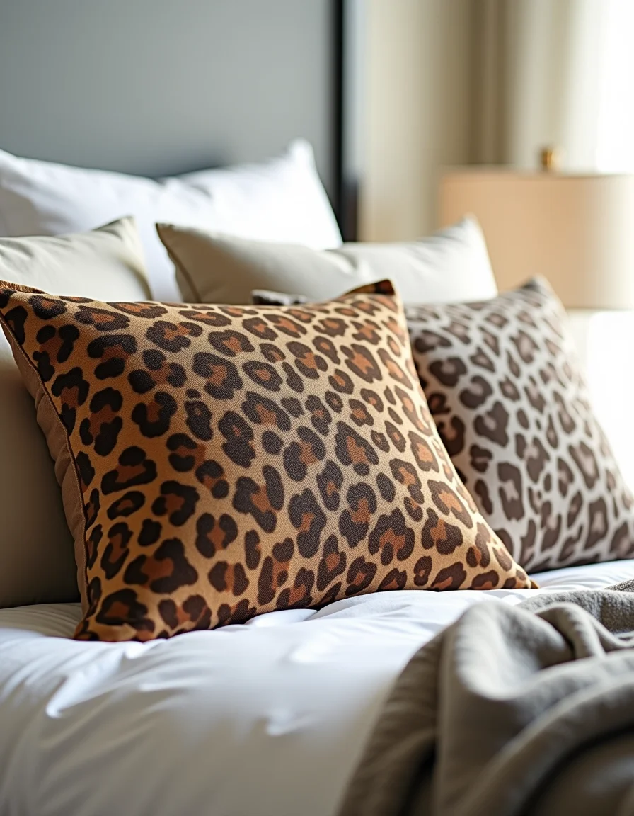 Detalhe de almofadas com estampas de animais em quarto iluminado.