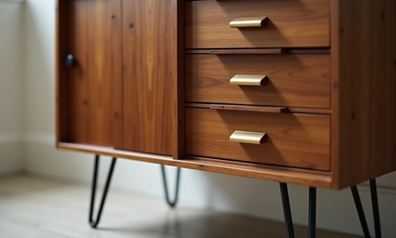 Detalhe de armário mid-century com pés palito e puxadores dourados.
