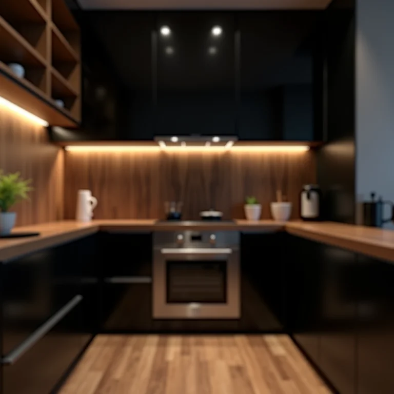 Detalhe de armários pretos com acabamento em madeira em cozinha pequena.