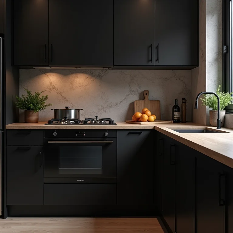 Detalhe de armários pretos de baixa qualidade danificados em cozinha pequena