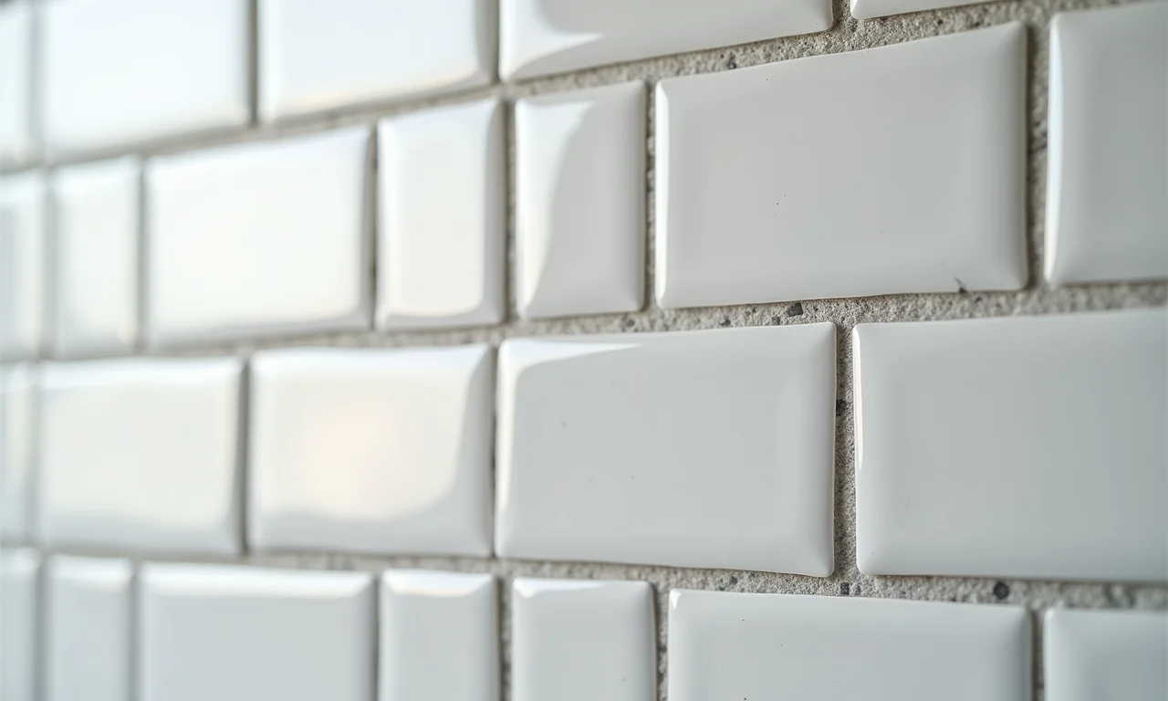 Detalhe de azulejo de banheiro com diferentes cores de rejunte.