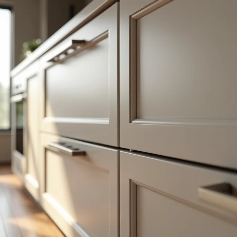 Detalhe de bordas arredondadas em armários de cozinha, priorizando a segurança e o design.