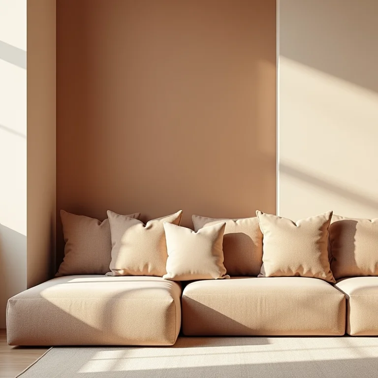 Detalhe de canto de sala com tons terrosos