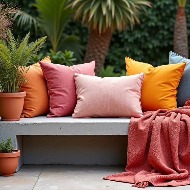 Detalhe de cores quentes e vibrantes em ambiente brutalista.