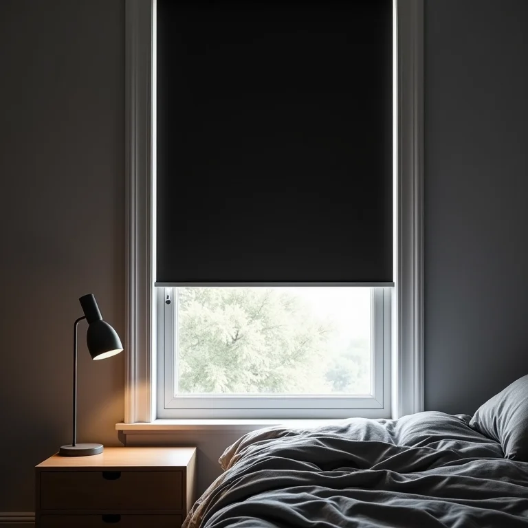 Detalhe de cortina rolô blackout fechada em quarto escuro.