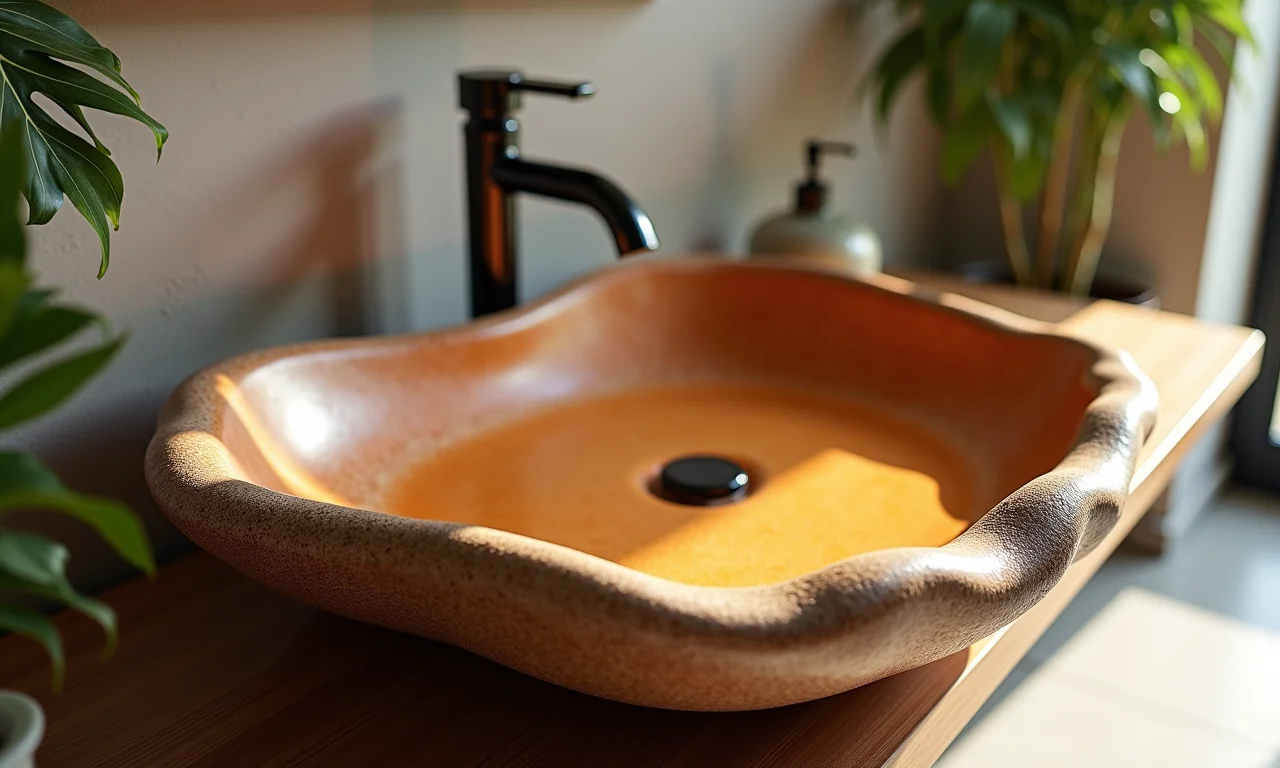 Detalhe de cuba esculpida com design exclusivo em lavabo moderno.