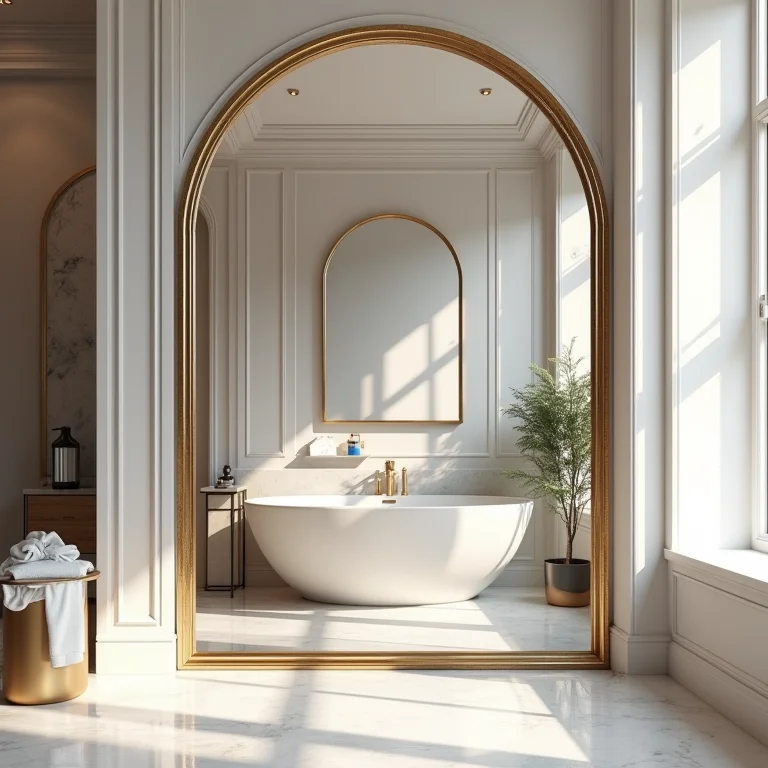 Detalhe de espelho veneziano refletindo um lavabo moderno