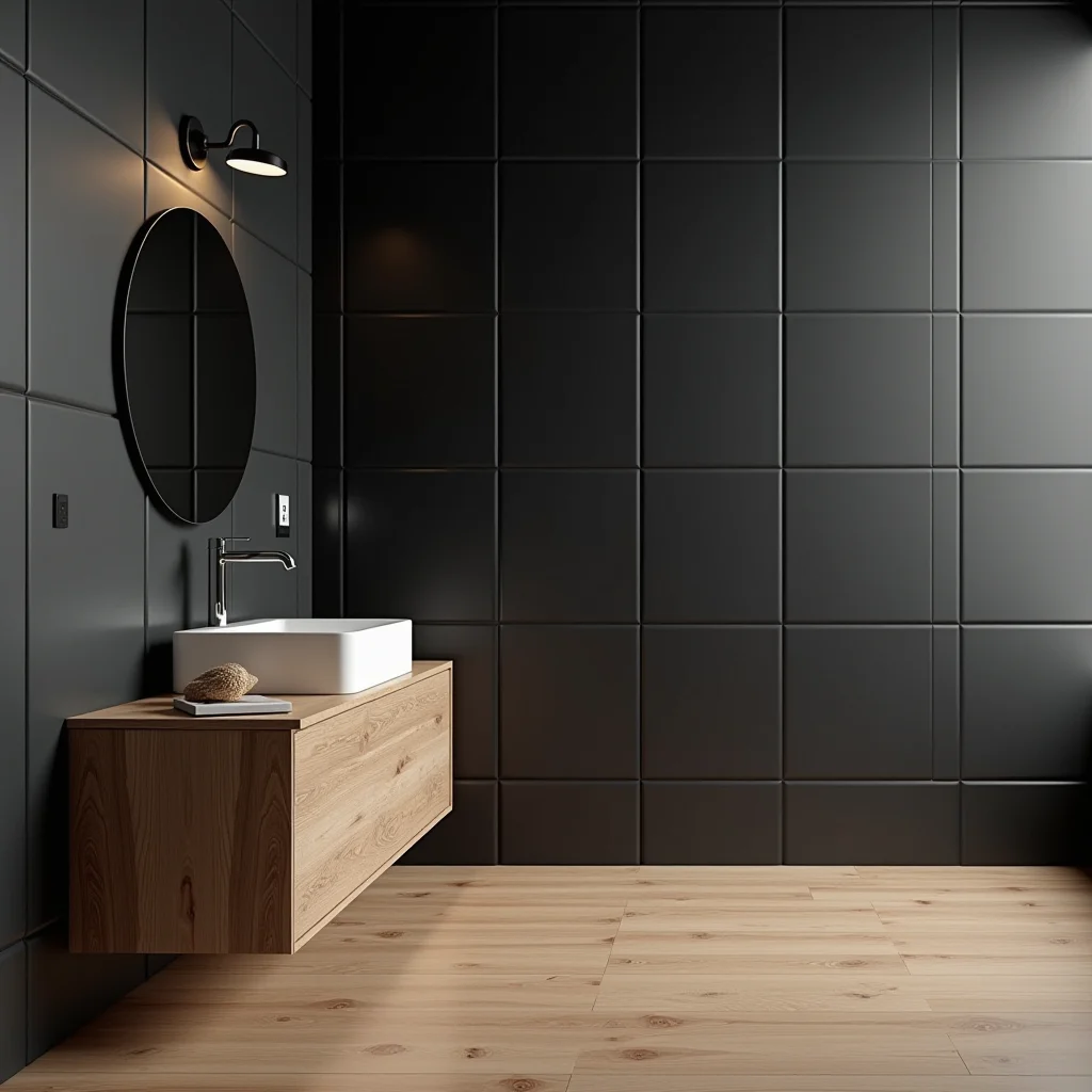Detalhe de madeira natural contrastando com azulejos pretos em banheiro minimalista.