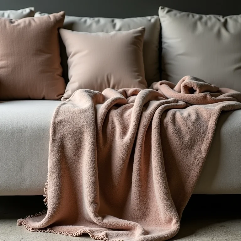 Detalhe de manta texturizada em sofá de concreto, suavizando o ambiente.