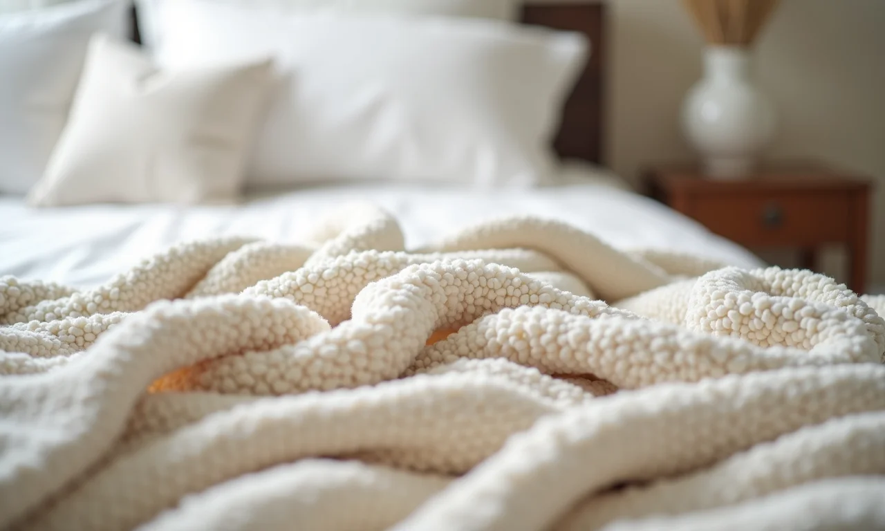 Detalhe de mantas e almofadas macias em uma cama com tons neutros.