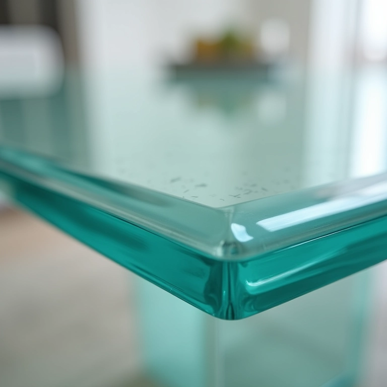 Detalhe de mesa de jantar de vidro temperado, mostrando resistência.