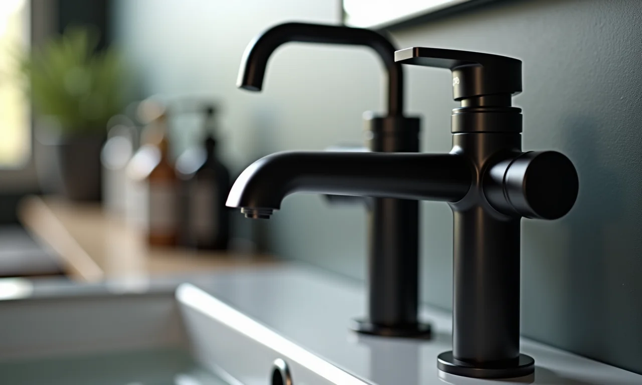 Detalhe de metais pretos foscos em banheiro moderno