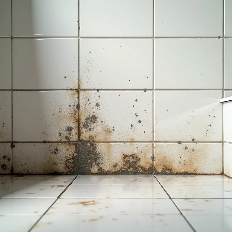 Detalhe de mofo e infiltrações em pastilhas mal instaladas