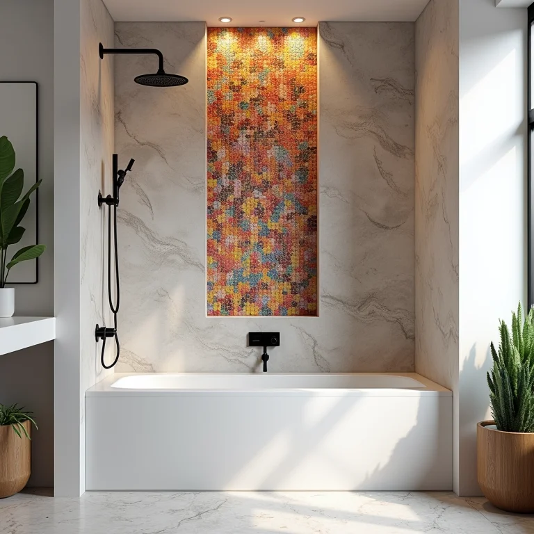 Detalhe de nicho com pastilhas coloridas em banheiro pequeno