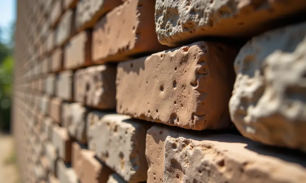 Tijolo ecológico: A construção que não precisa de cimento Detalhe de parede construída com tijolos ecológicos, exibindo textura e encaixe perfeito.