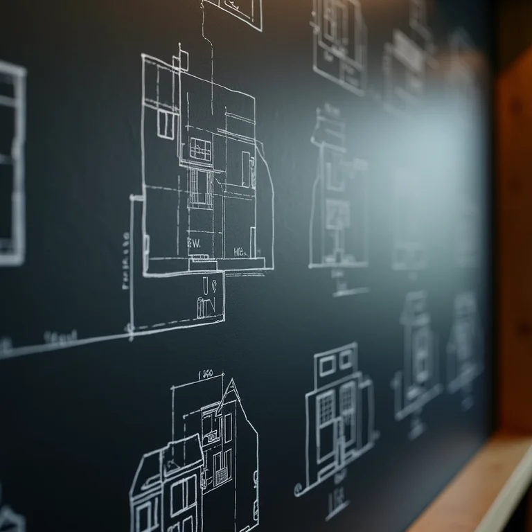 Detalhe de parede lousa com esboços arquitetônicos.