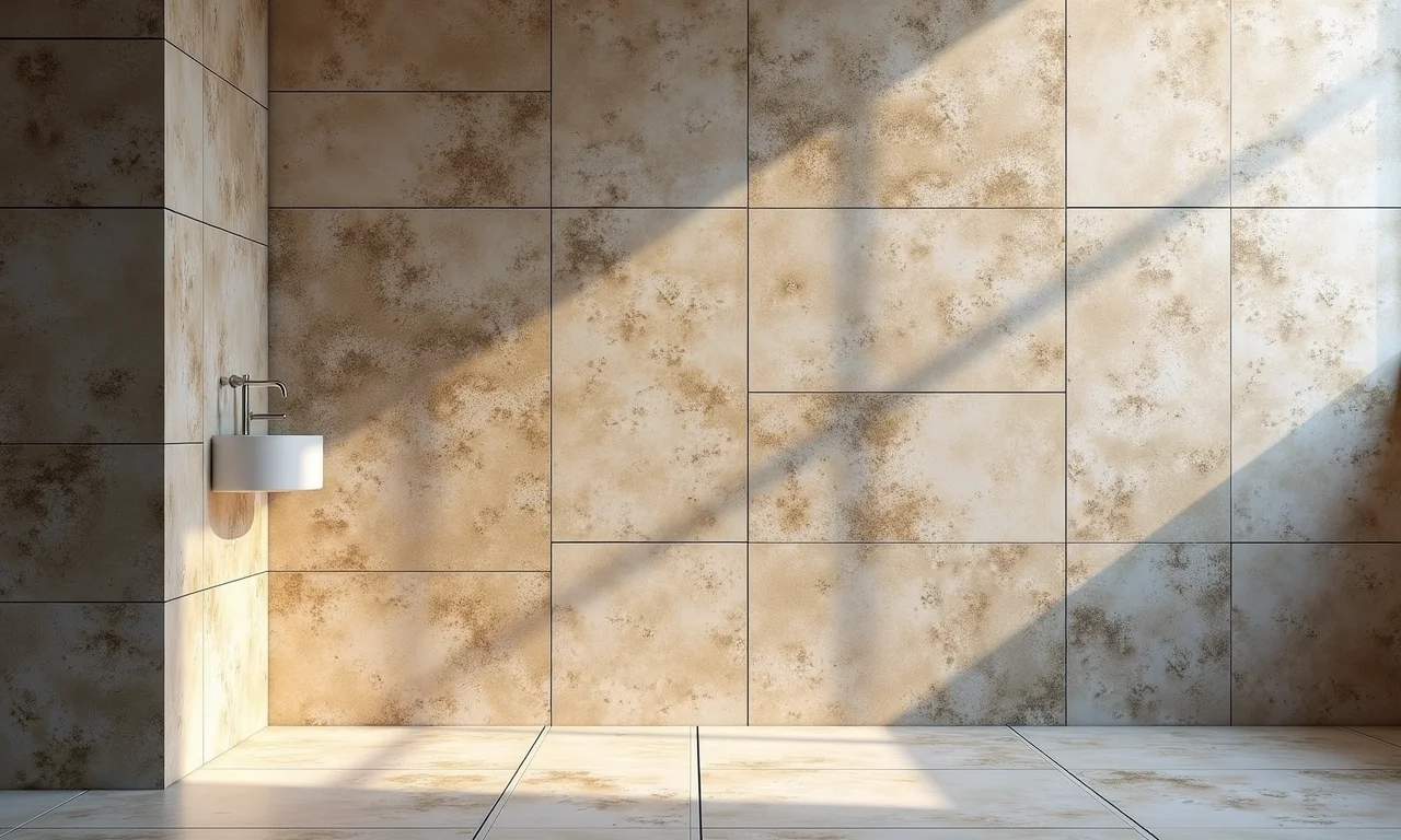 Detalhe de parede texturizada em banheiro, com pedra natural e azulejos artesanais.