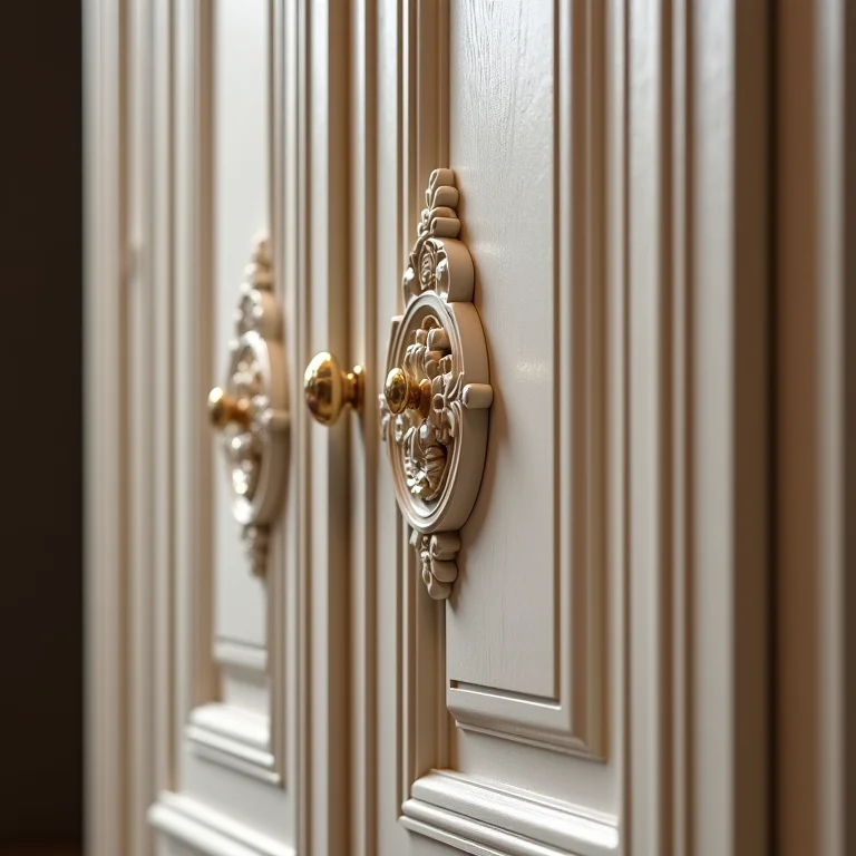 Detalhe de porta de armário de cozinha em MDF com entalhes complexos.