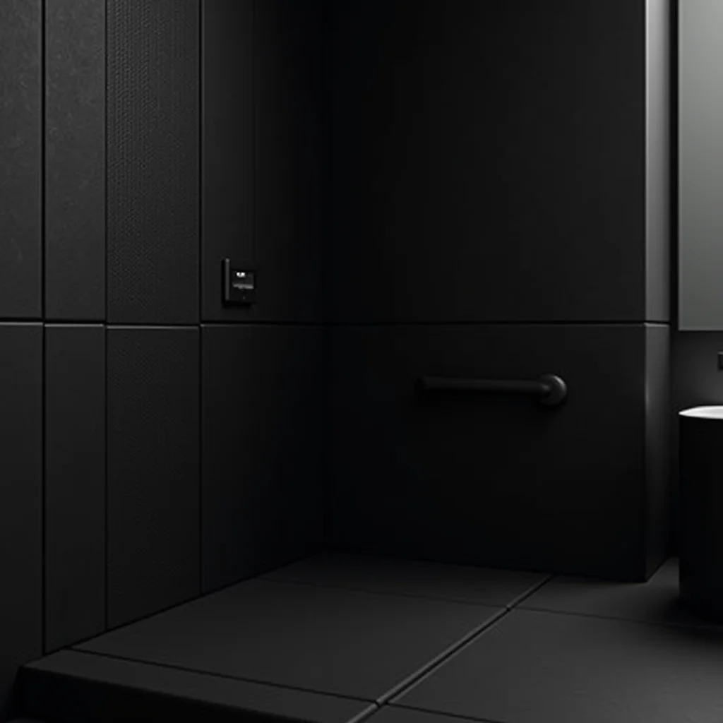 Detalhe de revestimentos pretos texturizados em um banheiro minimalista.