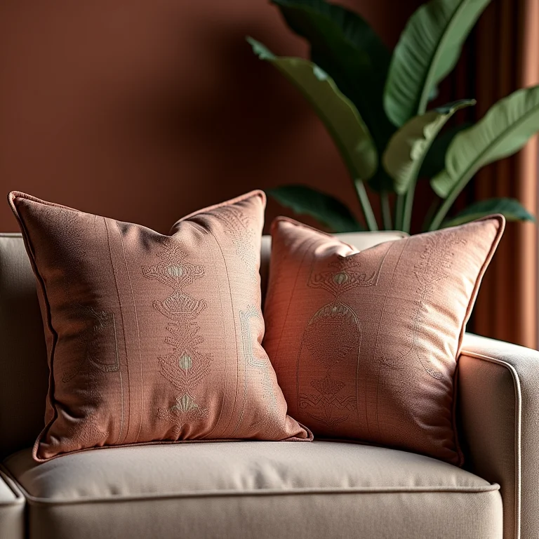 Detalhe de tecidos nobres com estampas clássicas em almofadas e estofados.