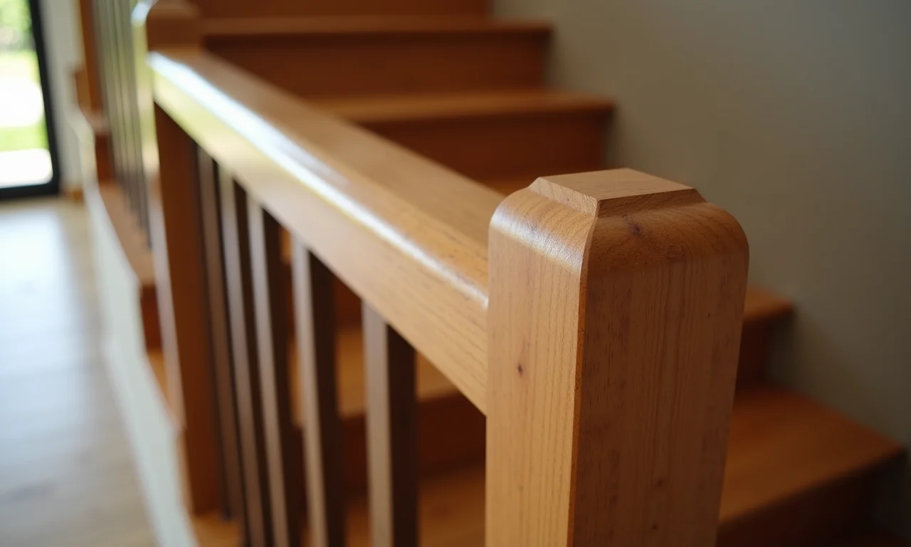 Detalhe de um corrimão de madeira elegante em casa brasileira.
