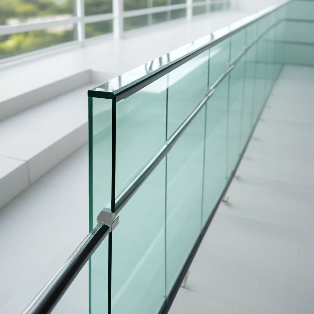 Detalhe de um guarda-corpo de vidro temperado resistente.