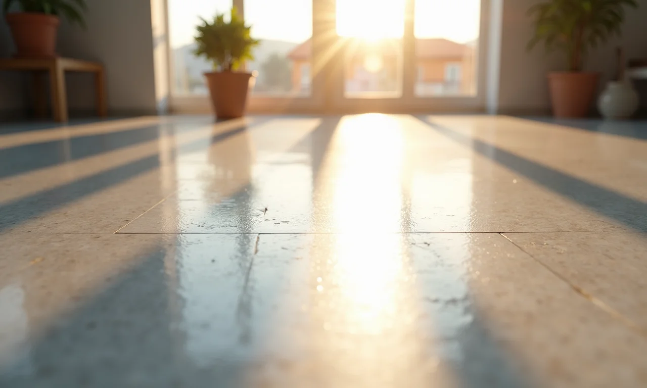 Detalhe de um piso cimentício atérmico refletindo a luz solar sem brilho excessivo.