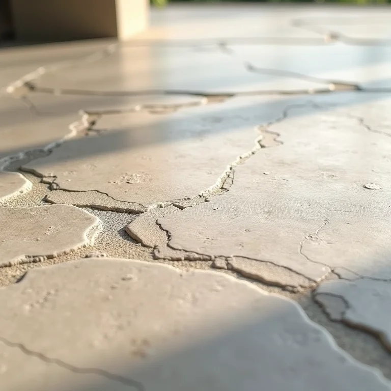 Detalhe de um piso de pedra com texturas naturais e imperfeições.