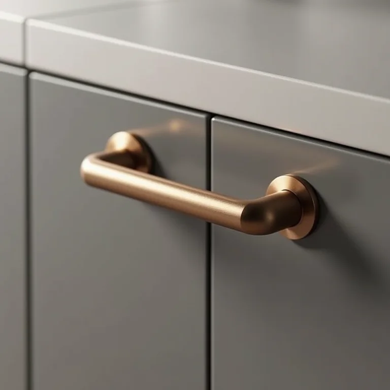Detalhe de um puxador de embutir em uma porta de armário moderna.