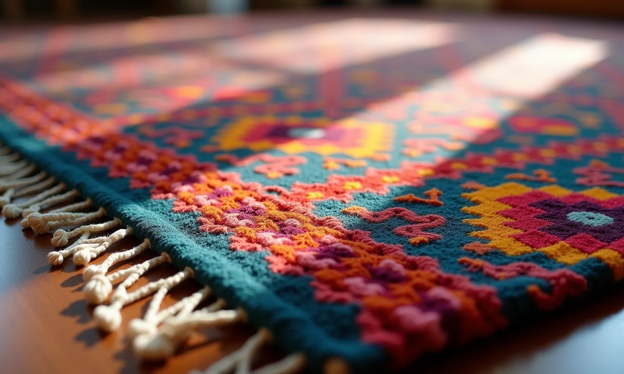 Detalhe de um tapete boho com cores vibrantes e padrões complexos.