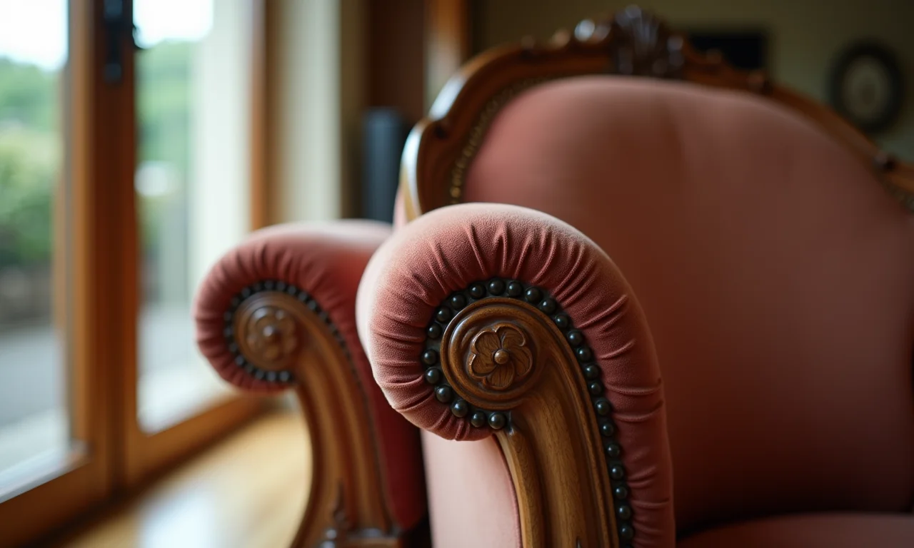 Detalhe de uma cadeira clássica com entalhes em madeira e estofamento elegante.