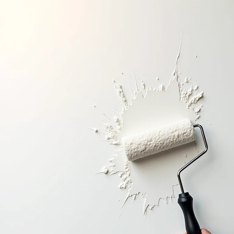 Detalhe de uma parede pintada com rolo, mostrando possíveis falhas e respingos.